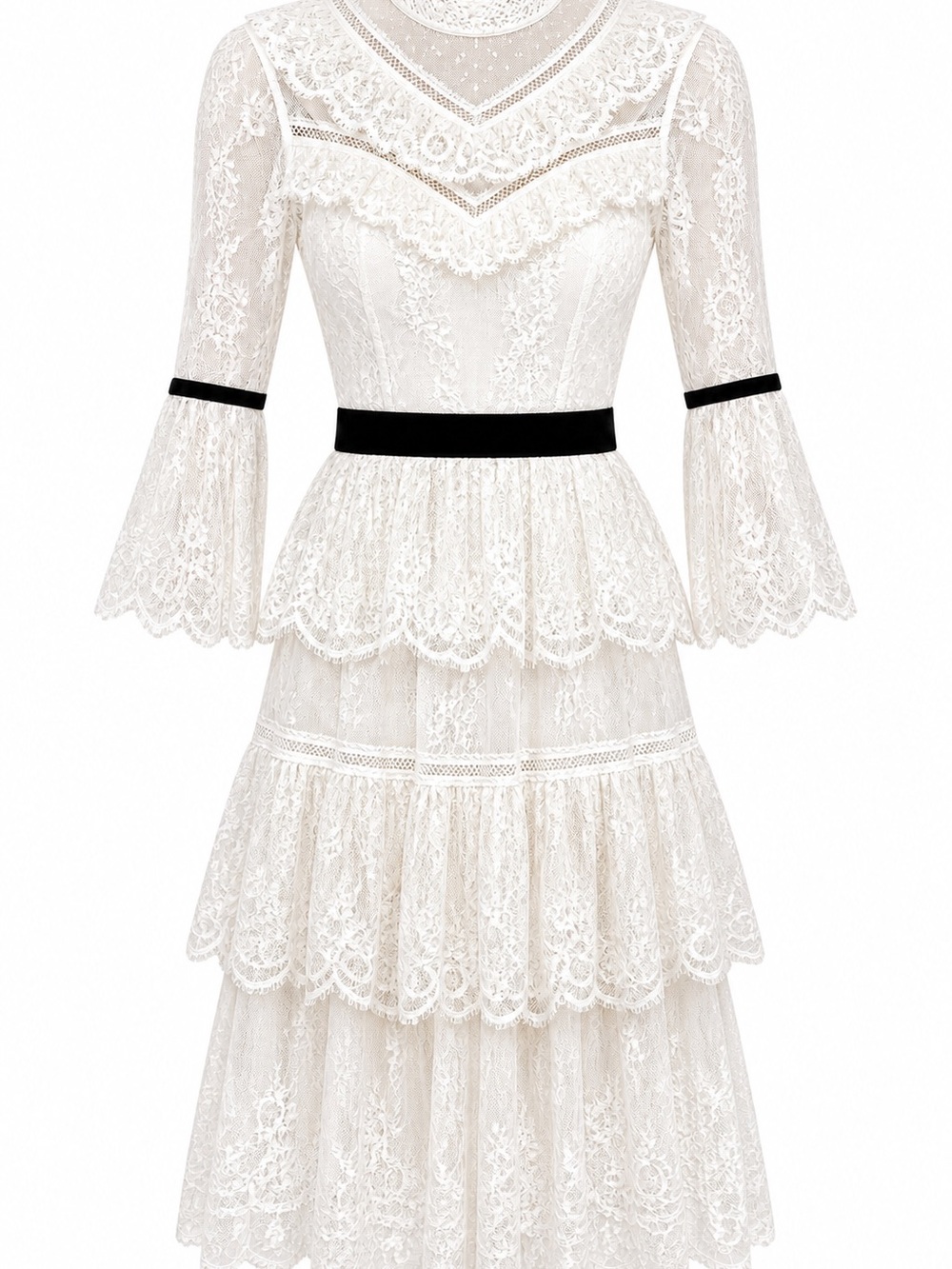 Ivory Lace Tiered Midi Dress with Black Trim